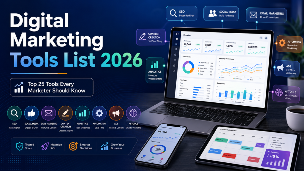 Top 25 Digital Marketing Tools List Every Marketer Should Know in 2026