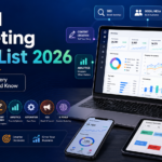 Digital Marketing Tools List 2026 banner with analytics dashboard and marketing tool icons.